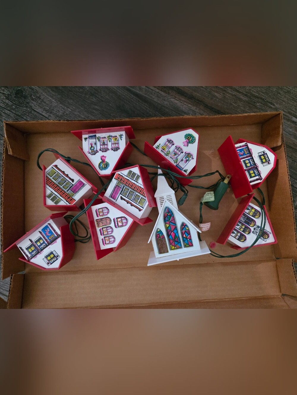 Vintage molded plastic Christmas light strand "Swiss Village" set